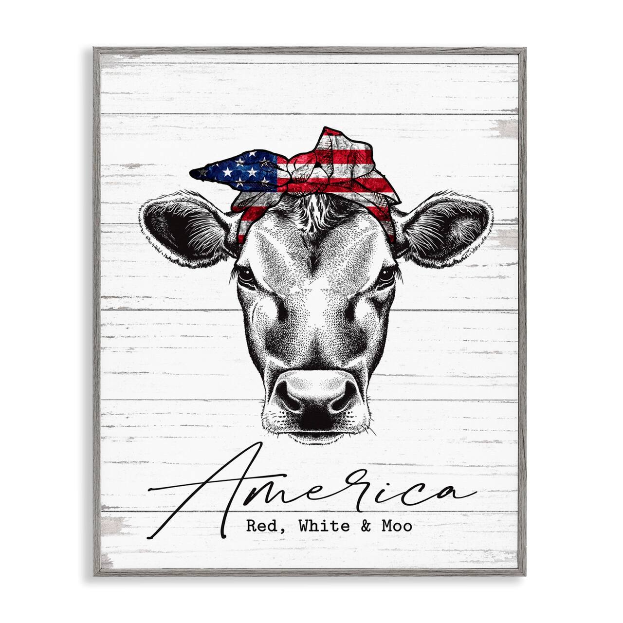 Stupell Industries Americana Cow Red White and Moo Country Farm Quote Framed Giclee Art